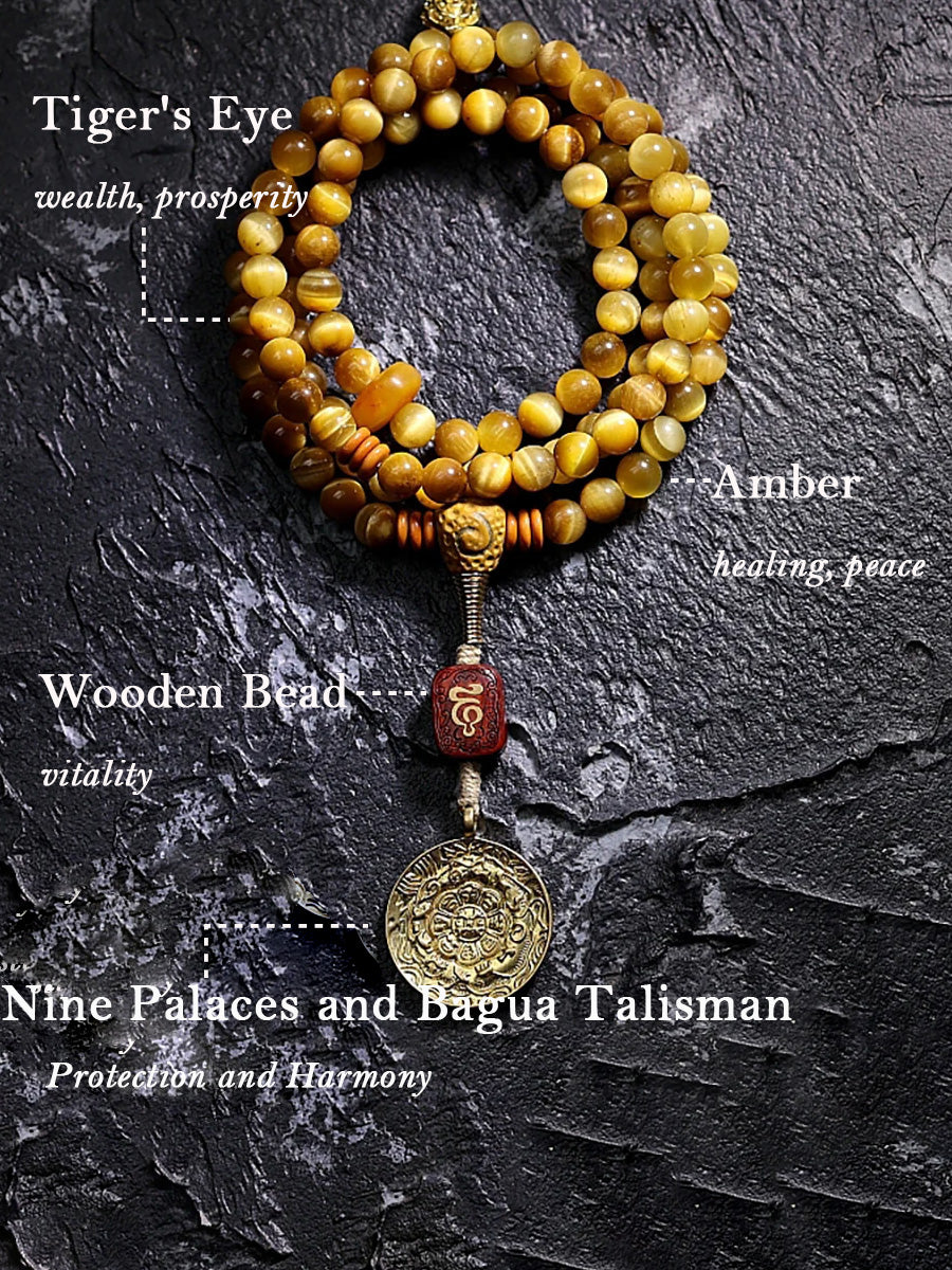 Tibetan Wealth Tiger Eye & Amber Necklace