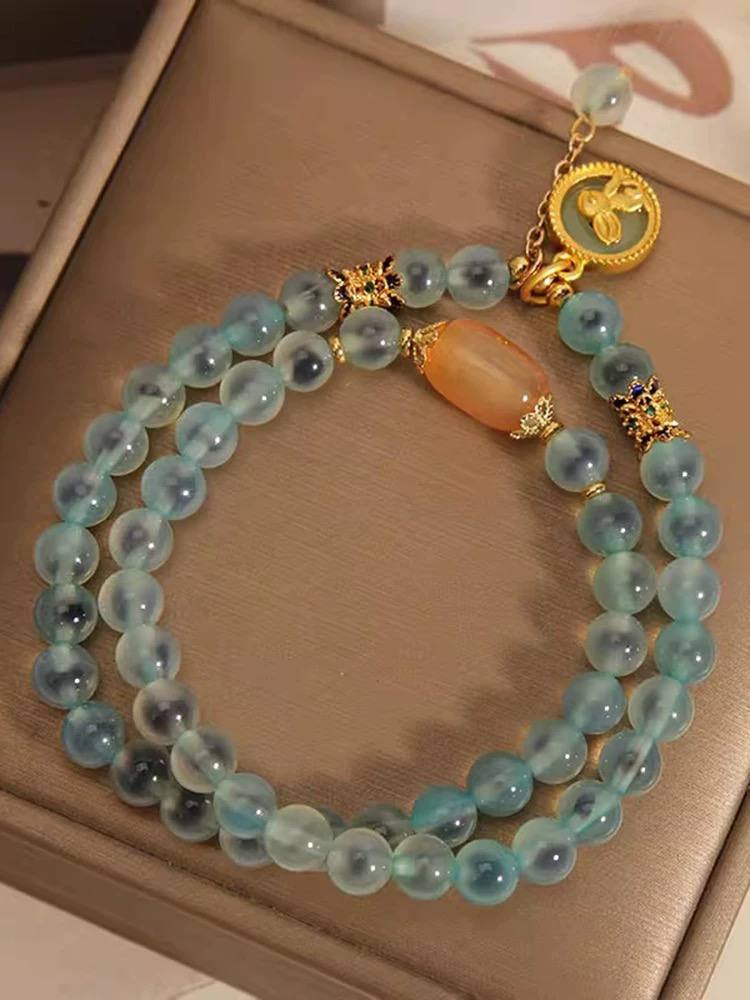 Blue Agate Double-Wrap Bracelet with Jade Rabbit Charm – Elegant Healing Crystal Jewelry & Display Ornament
