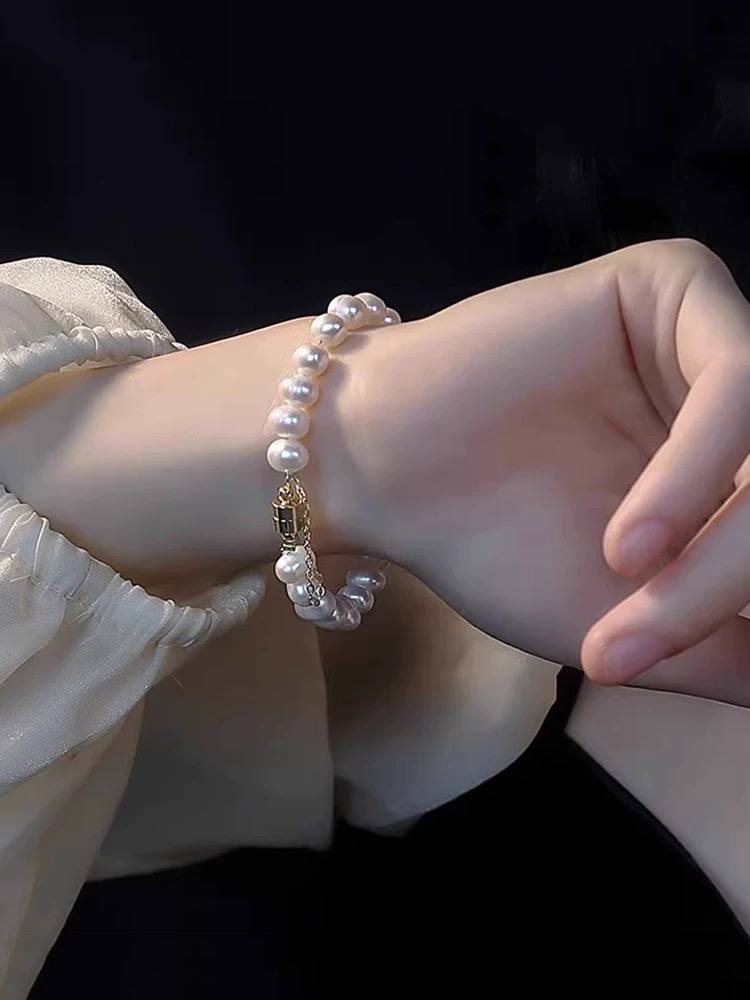 Natural Freshwater Pearl Bracelet – Vintage Geometric Light Luxury Unique Design Bangle