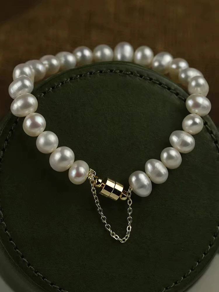 Natural Freshwater Pearl Bracelet – Vintage Geometric Light Luxury Unique Design Bangle