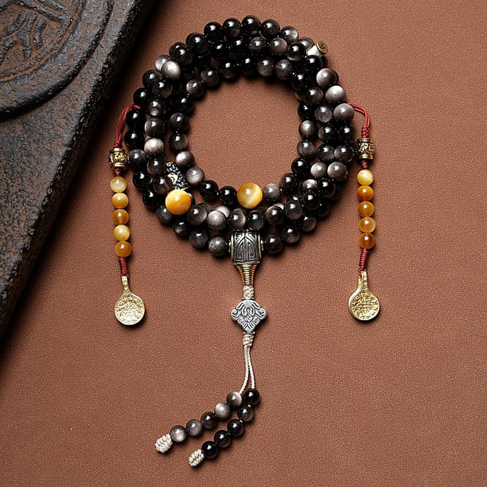 Fortress of Hope Silver Obsidian 108 Mala Beads Necklace