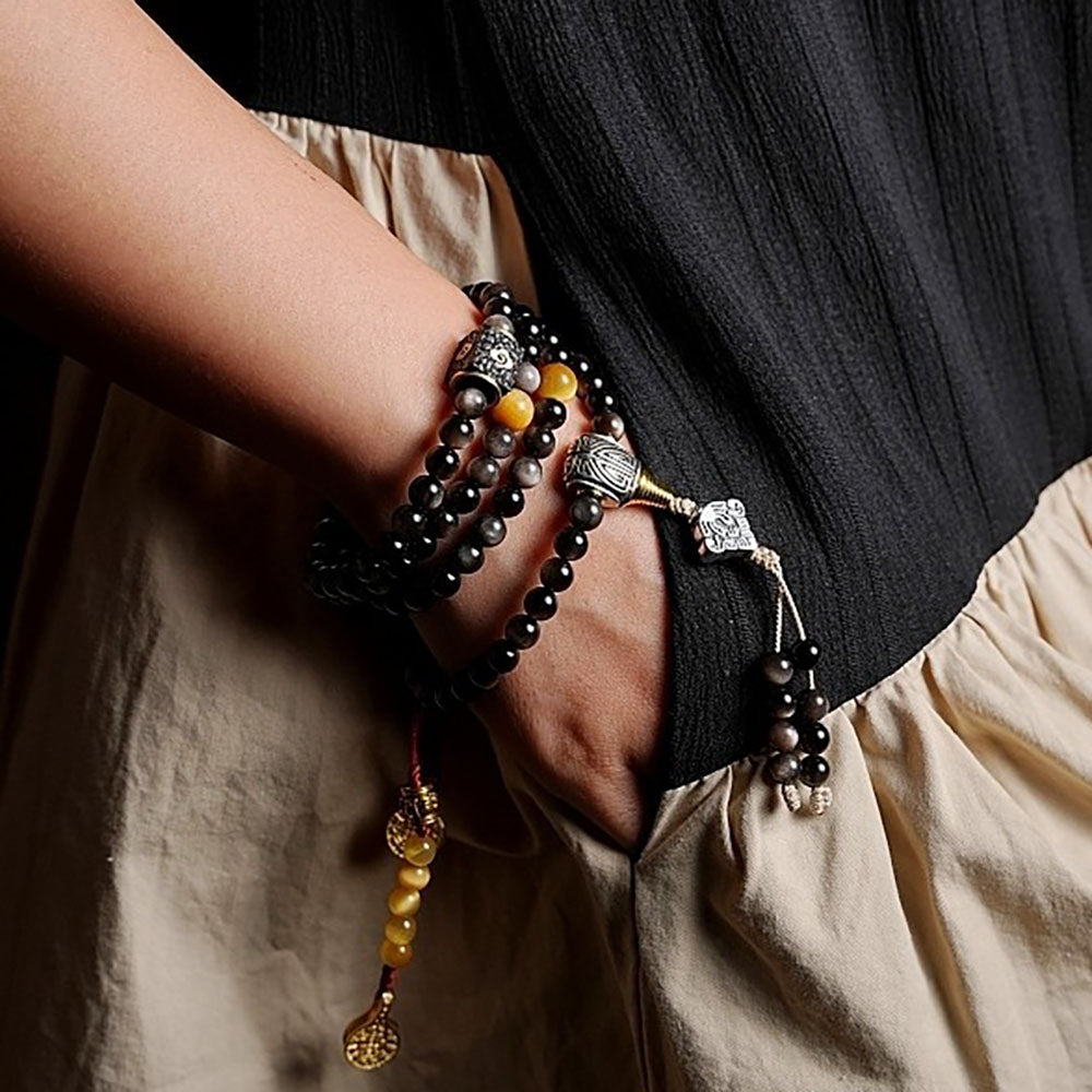 Fortress of Hope Silver Obsidian 108 Mala Beads Necklace