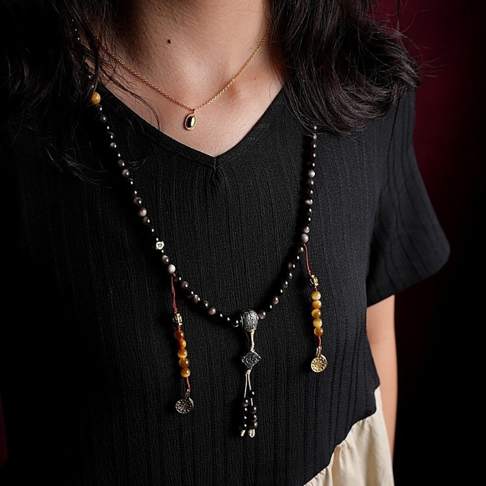 Fortress of Hope Silver Obsidian 108 Mala Beads Necklace