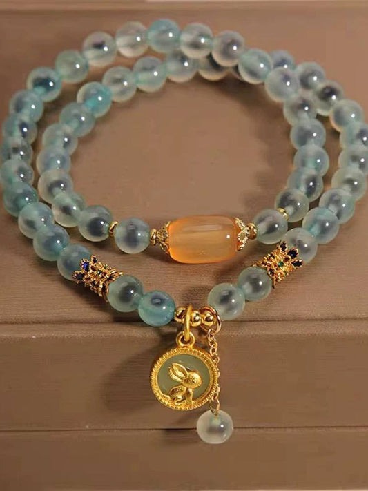 Blue Agate Double-Wrap Bracelet with Jade Rabbit Charm – Elegant Healing Crystal Jewelry & Display Ornament