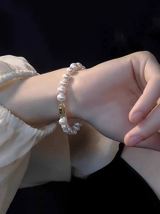 Natural Freshwater Pearl Bracelet – Vintage Geometric Light Luxury Unique Design Bangle